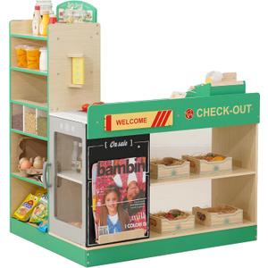 Wooden Grocery Store Playset for Kids, Pretend Play Market with Checkout Counter, Manual Conveyor Belt, Pretend Scanner, and Multiple Display Shelves, Interactive Toy Grocery for Boys & Girls Ages 3+