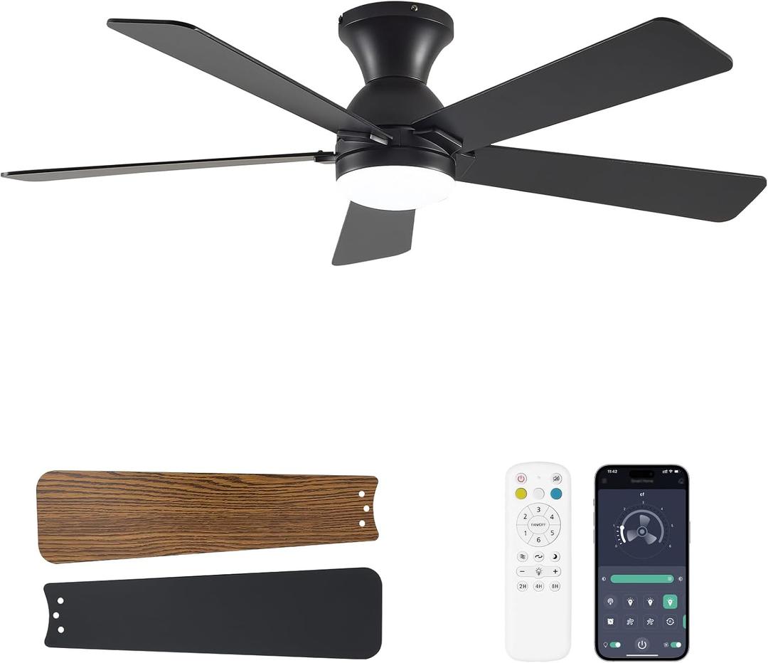 Ceiling Fans with Lights and Remote, 48 Inch Ceiling Fan with Light, Low Profile Reversible Fandelier Ceiling Fan, Dimmable LED, Flush Mount, Quiet DC Motor, for Bedroom Kitchen Dining Room Black, 48 Inch