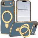 Compatible with iPhone 17 Air Case with Magnetic Ring Stand [Compatible with Mag-Safe] [Full Camera Lens Protector] Soft Plating Phone Case for iPhone 17 Air 6.5", Grey Blue