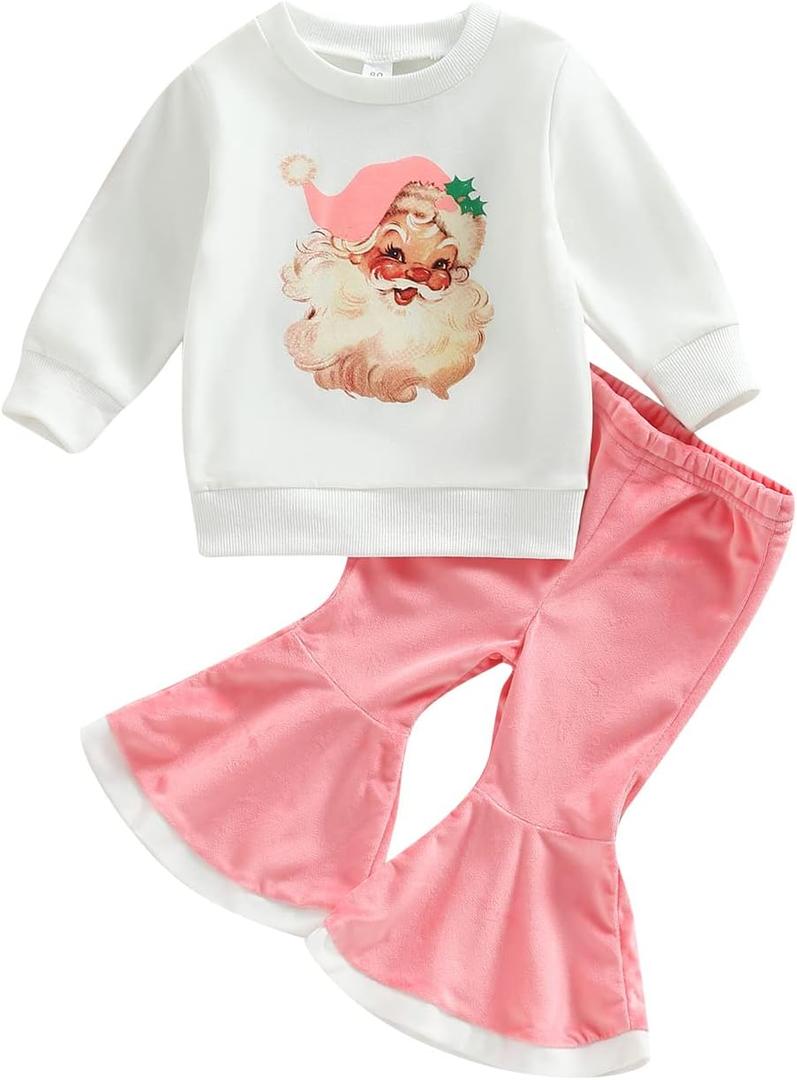 Gueuusu Toddler Baby Girl Christmas Outfit Santa Baby Long Sleeve Sweatshirt Flared Long Pants Cute Winter Clothes Set (12-18 Months)