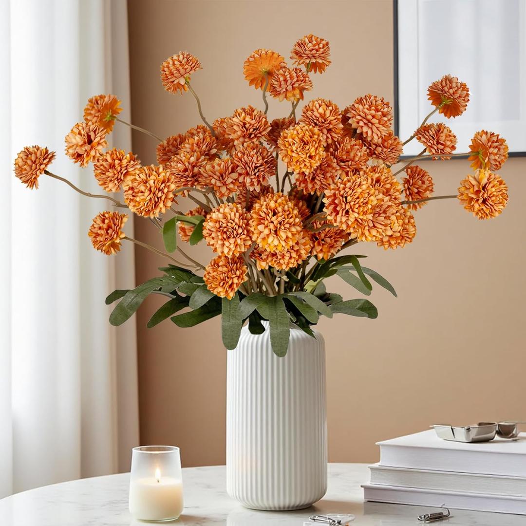 Artificial Chrysanthemum Flowers, Brunt Orange Faux Flower for Pottery Vase, Fake Silk Kiku Mums Pompom Ball Flowers Plants for Autumn Halloween, 8Pcs Floral Stems Centerpiece Arrangements Home Decor