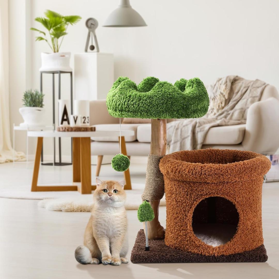 Small Cat Tree for Indoor Cats Large Adult, Cats Climbing Tower with Scratching Post, Cat Condo, Green Wood Cats Tree, Flower Cat Trees, Modern Cute Cat Tree with Dangling Ball