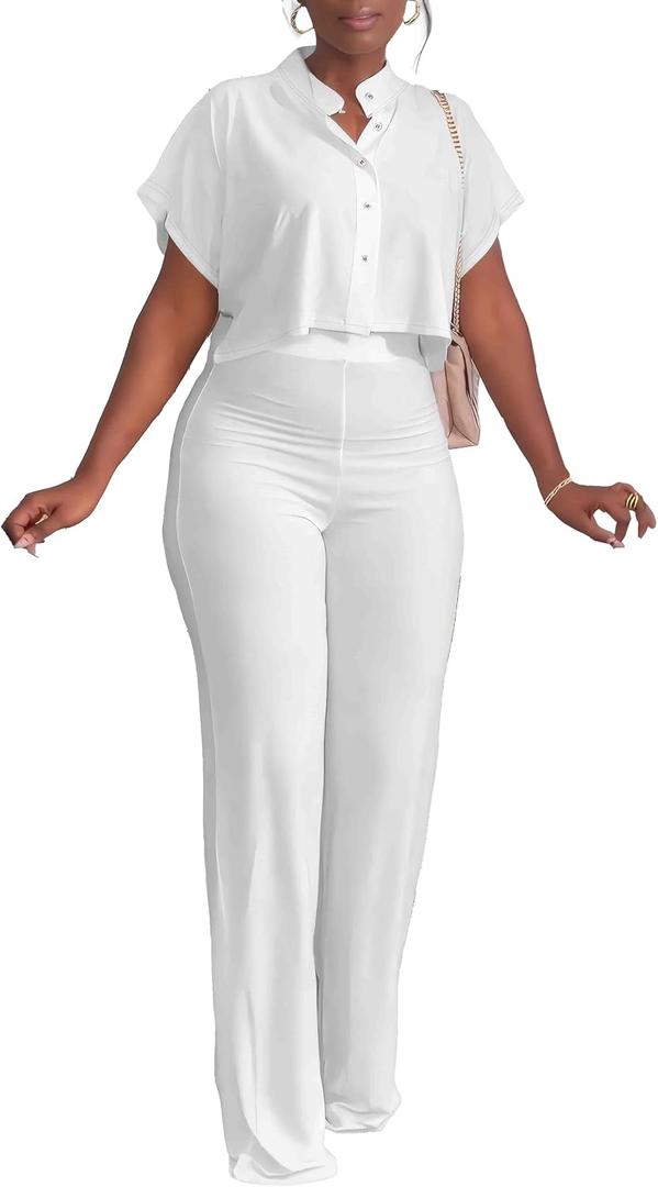 HBQ Women's Summer 2 Piece Outfits Casual Tracksuit Short Sleeve Button Down Crop Top Wide Leg Long Pant Lounge Sets (White, M)