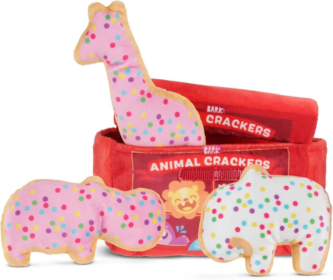Barkbox Animal Squeakers Multi-Part Dog Toy  4-in-1 Plush Toy Set with Treat-Hiding Crinkle Box & Three Squeaky Cookies  Fun Play for X-Small to Small Dogs