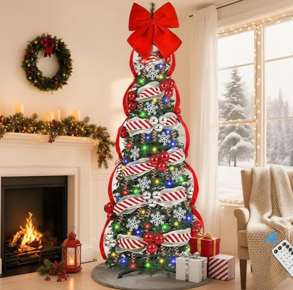 Uspring 6 FT Pop Up Christmas Tree with Lights, Artificial Collapsible Pink Christmas Trees with Remote Control & Colorful LED Light, Pre Decorated Surround Ribbon, Ball Ornaments, Holiday Party Decor