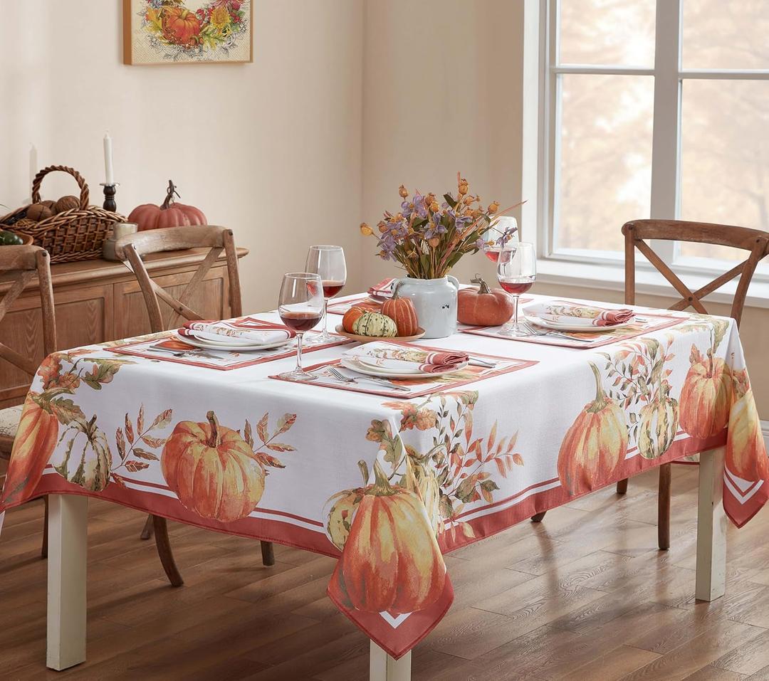Home Bargains Plus Thanksgiving Contemporary Orange Pumpkin Tablecloth, 60 x 84 Inch Rectangle, Fall Harvest Easy Care Fabric Table Cover (Multi Heritage Pumpkin)