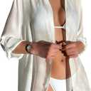 SHENHE Women's Swimsuit Coverup Long Sleeve Sheer Kimono Button Up Beach Shirt Dress Cover Up (White) S