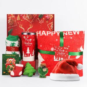 Christmas Gifts Basket for Women, Xmas Self Care Spa Gift Set for Mum, Wife, Best Friend, Sister, Coworkers, Teacher, Nurse, Secret Santa Gifts Box Set Christmas Tumbler (Red-Merry Christmas)
