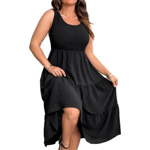 RWJ Plus Size Summer Sleeveless Tank Dress for Women 2025 Smocked Casual Loose Sundress Flowy Beach Tiered Long Midi Dresses (3X-Large Plus, Black)