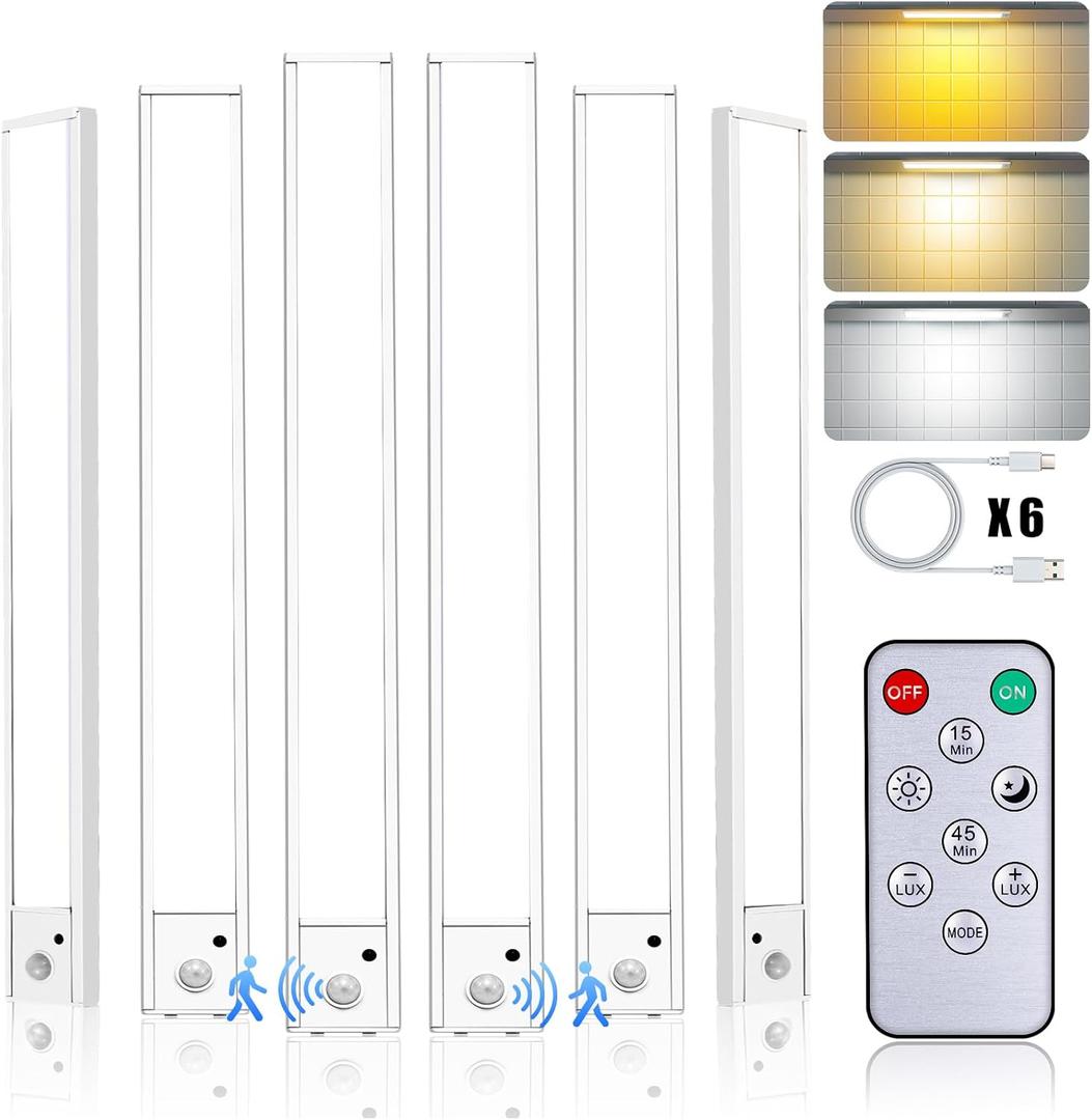 16 inch Under Cabinet Lighting with Remote, Motion Sensor Closet Light, 1500mAh Rechargeable Battery Dimmable 3 Color Temperature Magnetic Wireless for Kitchen, Shelf, Stairs, Wardrobe, 6 Pack