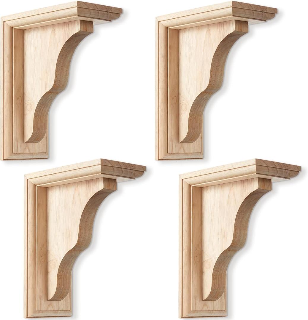Briwooody 4 Pcs Traditional Wood Corbels Decorative Wooden Brackets Unfinished Solid Rubberwood Shelf Bracket for Doorway Countertop Kitchen Cabinet Book Shelves (2 1/4" W X 5" D X 7" H)