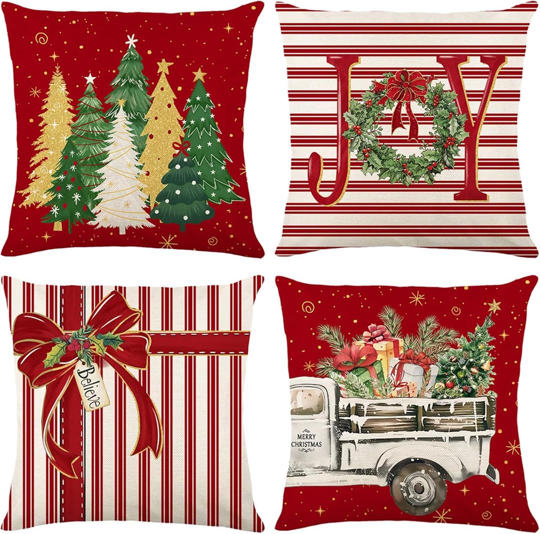 Red Christmas Throw Pillow Covers 18x18 Inch Set of 4, Winter Holiday Xmas Trees Joy Wreath Bow Vintage Truck Pillowcase Decorative for Sofa Couch Living Room