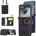 Compatible with Samsung Galaxy Z Flip 5 5G 2023 Wallet Case and Crossbody Shoulder Strap Ring Buckle Stand Card Holder Magnetic Car Mount Phone Cover for ZFlip5 Z5 G Flip5 ZFlip 5Z Women Men Black