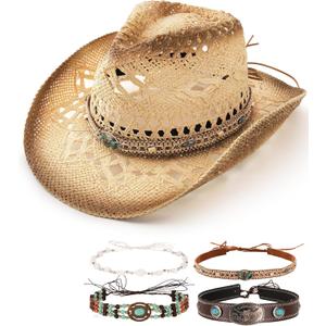 FURTALK Straw Cowboy Hat for Women Men with 4-Style Decorative Bands Stiff Wide Brim Western Style Cowgirl Hat