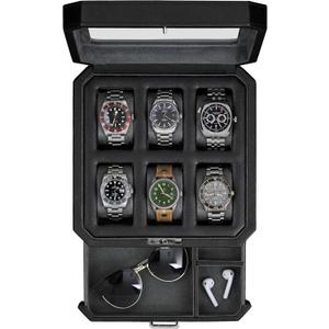 ROTHWELL 6 Slot Leather Watch Box with Valet Drawer - Luxury Watch Case Display Organizer, Microsuede Liner, Locking Mens Jewelry Watches Holder, Men's Storage Boxes With Large Glass Top (Black/Grey)