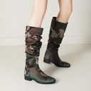YIYA Women's Camouflage Slouchy Knee High Boots Square Toe Chunky Flat Heel Riding Combat Tall Pull On Boots (4, Brown)