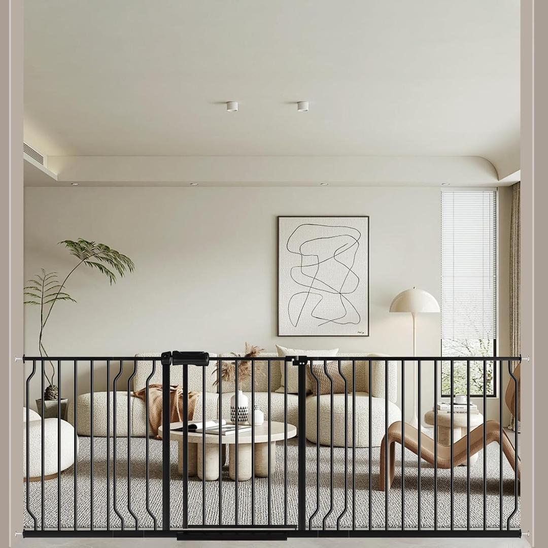 WAOWAO Baby Gate 71.65-85.03" Extra Wide Pressure Mounted Walk Through Swing Auto Close Safety Metal Black Toddler Kids Child Dog Pet Puppy for Stairs,Doorways,Kitchen