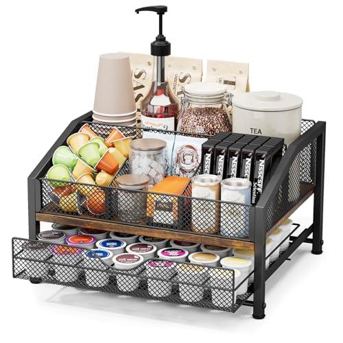 Homsorout Coffee Bar Organizer - Coffee Station for Countertop, Metal and Wood K Cup holder Storage Basket with Drawer for Syrup, Cups, Stirrer, Condiment, Tea Organizer, Brown