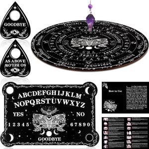 Threan Pendulum Dowsing Divination Board with Amethyst Set Wooden Spirit Talking Board Metaphysical Message Crystal Pendulum Necklace with Planchette for Wiccan Supply(Moth Style)