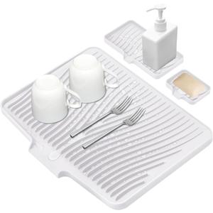 Silicone Dish Drying Mat for Kitchen Counter, Dish Drying Pad, Non-Slip Drain Pad with Built-in Drain, Heat Resistant Stone Drying Mat,Large 1 set XL(Ivory)