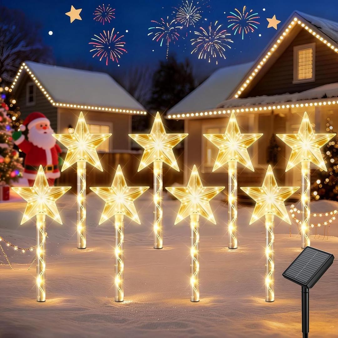 Solar Lights Outdoor Christmas Decorations: 8 Pack 64 Warm White LED Star Pathway Lights - 2025 Upgrade Outside Solar Christmas Decorations with 8 Modes for Yard Garden Porch Lawn Decor