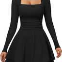 XXTAXN Womens Sexy Long Sleeve Square Neck Flowy Hem Ruched High Waist Party Mini Dress with Side Pocket (Medium, Black)
