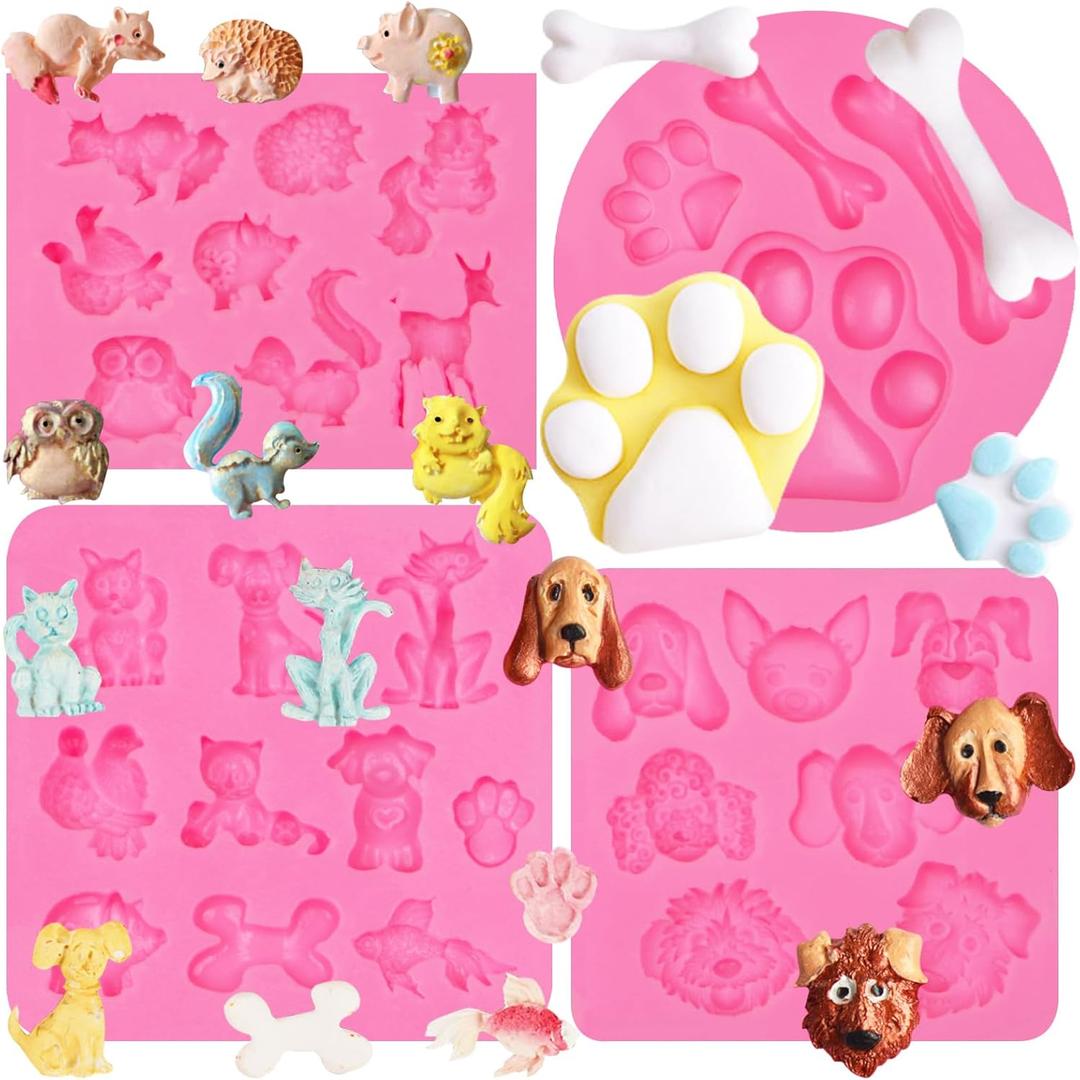 3 x Forest Animals Fondant Molds 4 Pcs, Dog Paw & Bone Fondant Molds Zoo Animal Chocolate Silicone Mold for Cake Decoration Candy Sugar Cupcake Topper Cake Pop Popsicle Polymer Clay Crafts