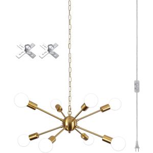 LASENCHOO 8 Lights Plug in Chandelier, Hanging Lights with Plug in Cord 16.4ft & Switch, Plug in Pendant Light Gold Chandeliers for Living Room Bedroom Dining Room, Outdoor Chandeliers for Gazebo