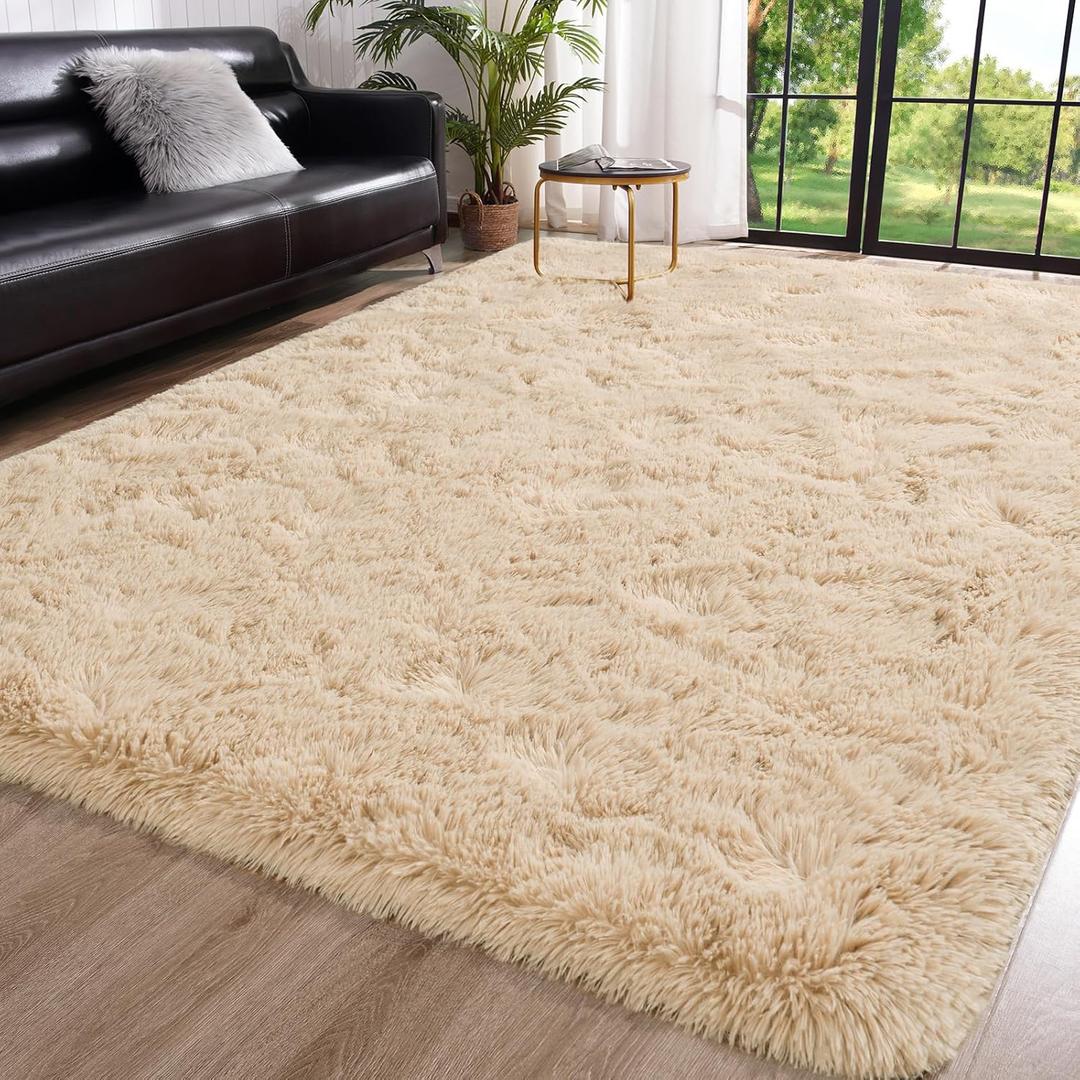 Toneed Fluffy Bedroom Rug, 4 x 6 Feet Shaggy Area Rug Modern Furry Rug Plush Fuzzy Carpet for Living Room Drom Kids Room Nursery Kindergarten Home Decorative, Beige