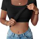 ANRABESS Womens Short Sleeve Tops Built in Bra Summer T Shirts Scoop Neck Ribbed Knit Fitted Basic Tee Casual Going Out Top (Black, L)