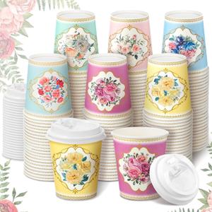 Karenhi 36 Pack 9 oz Floral Paper Cups Bridal Shower Vintage Tea Cup Wedding Disposable Coffee Mugs with Lids for Women Girls Tea Party Decorations Baby Shower(Retro)