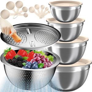 Mixing Bowls with Lids Set, 16PCS Stainless Steel Mixing Bowls,Nesting Storage Bowls for Kitchen with Mixing Bowls Set, Colander, Strainer & Grater , Metal Salad Bowl for Kitchen Gadgets , Cream