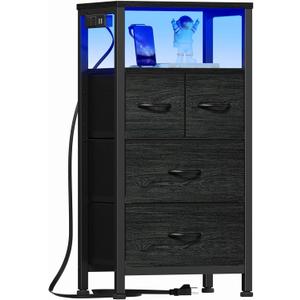Furnulem Tall Night Stand with Charging Station and Led Light, Small Dresser with Open Shelf and 4 Storage Drawers, Black Side Table Fabric Nightstand for Bedroom, Entryway, Bedside Furniture | and Led Light, 4 Storage Drawers, Open Shelf, Entryway, for Bedroom