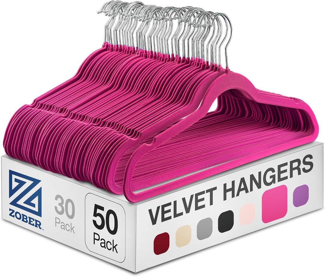 Zober Velvet Hangers 50 Pack - Heavy Duty Pink Hangers for Coats, Pants & Dress Clothes - Non Slip Clothes Hanger Set - Space Saving Felt Hangers for Clothing