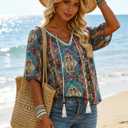 Halife Womens Flowy Boho Summer Tops Tassel Tie Front V Neck Short Sleeve Blouses Dressy Casual Loose Blouse Shirt Top Bohemian (M)