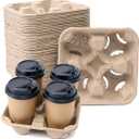 Disposable Compostable Drink Carriers, 100 Pack | Paper Pulp Cup Holder for 4 Cups (8-32 oz) | Biodegradable Tray for Coffee, Bubble Tea, Takeout & Delivery