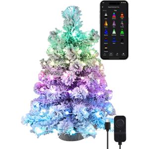 Brizled Snow Flocked Smart Christmas Tree, 22.8in Mini Christmas Tree with 100 LED RGB Lights, App/Voice Control 159+ Scenes Tabletop Xmas Tree USB C Small Tree Work with PD Power for Fireplace Desk (2FT, White)