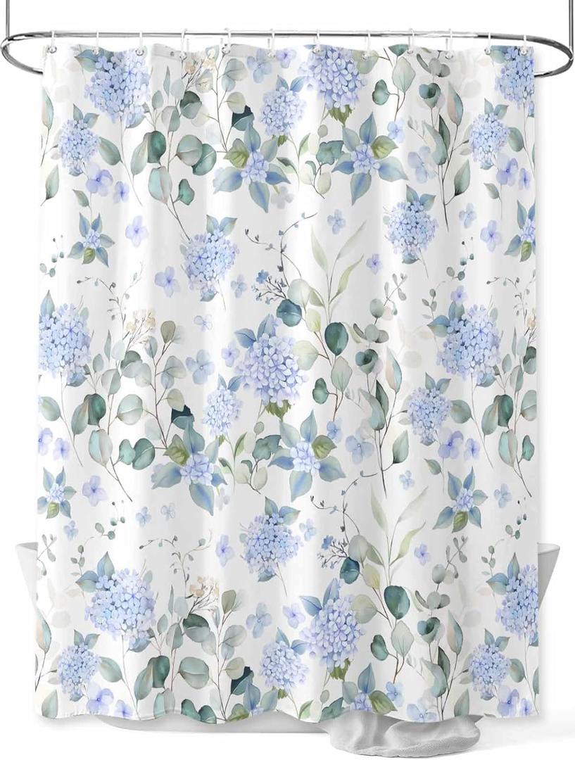Shower Curtain Bathroom Set Summer Watercolor Blue Hydrangea Waterproof Fabric Shower Curtains with Grommets&Hooks Pastoral Eucalyptus Leaf Privacy Bath Curtain for Bathtub Decor 36x72IN (White)