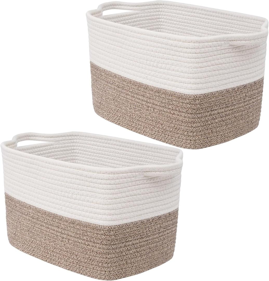 Medium Woven Baskets For Storage,Mudroom,Cotton Rope Square Basket With Handle Woven Bin,Empty Gift Basket For Shelves,Shoe,Blanket,Teen (Large rectangle, Linen | 2PCS)
