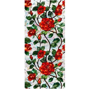 Retro Flower Window Privacy Film,Stained Glass Decals Chinese Red Rose Privacy Rainbow Decals Living Room Sun Blocking Decor Removable Static Cling Stickers,16.93x39.37inch