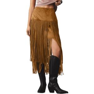 Locachy Womens Faux Suede Fringe Trim Midi Skirt Casual High Waist Bodycon Skirt (Medium, Brown)
