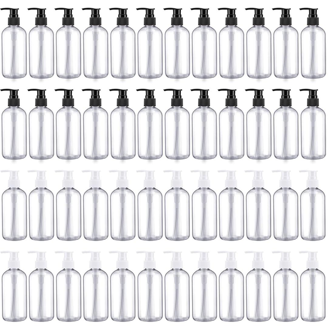 Eaasty 48 Pcs Pump Bottle Lotion Dispenser Refillable Shampoo Conditioner Hand Soap Dispenser Plastic Empty 8oz/250ml Clear Reusable Body Wash Container Bulk (Clear,Black)
