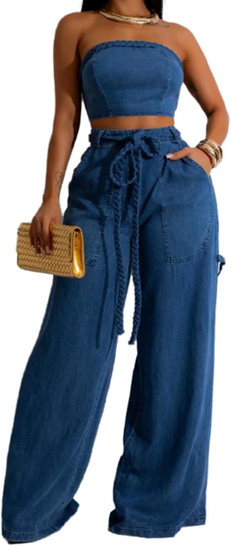 Molilove Womens Denim Set 2 Piece Outfits Sexy Sleeveless Tube Top Drawstring Wide Leg Jeans With Pockets Y2K Matching Set (Blue) XL