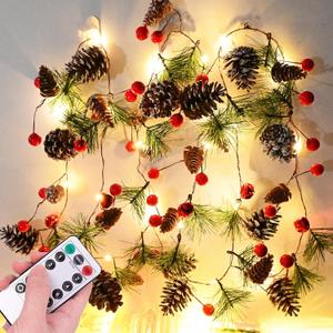 Remote Garland with Timer Christmas Garland Lights 6.56FT 20LED Battery Operated Garlands with Red Berry and Bells Xmas Tree Garland Berry Lights for Home Windows Fireplace Stairs Decorations