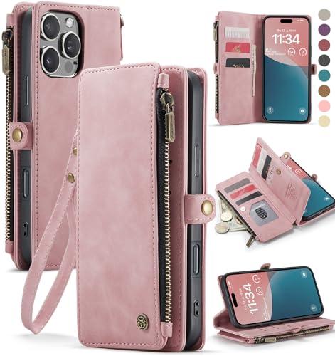 Defencase Compatible with iPhone 16 Pro Case Wallet with RFID Blocking Card Holder for Women Men, PU Leather Magnetic Snap Flip Zipper Strap Wallet Phone Case Fit for iPhone 16 Pro 6.3", Rose Pink