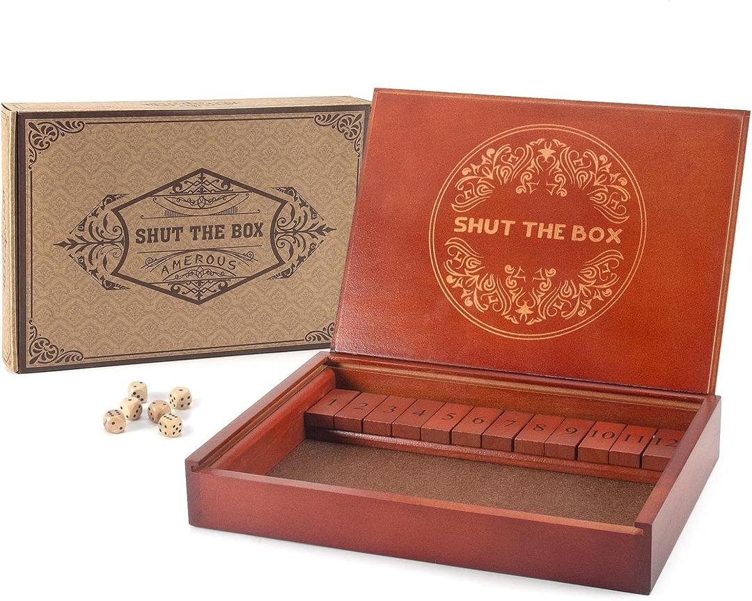 AMEROUS Shut The Box Dice GameWooden Board Table Math Game with Lid - 6 Dice - Gift Package - Rules, Classic Board Game for Kids Adults, Family