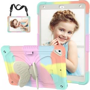 for iPad 9th 8th 7th Generation Case for Kids Girl with Pencil Holder, for iPad 10.2 Case with Butterfly Stand Shoulder Strap Shockproof Protective Cover, Multicolor (Colorful)