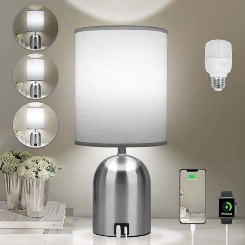 Fttoyoly Bedside Table Lamp for Bedroom, 3 Way Dimmable Touch Small Desk Lamp for Office with USB Charging Port Lamps for Living Room, Bedroom, Reading Room, Office, Grey/Sliver, Silver