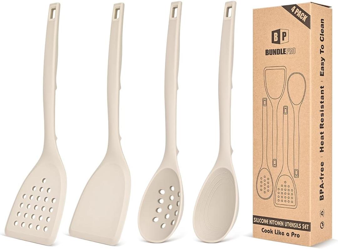 Pack of 4 Silicone Cooking Utensils Set, Non Stick Solid Spatulas and Heat Resistant Slotted Spoons with Back Hooks, Ideal BPA Free Kitchen Utensils Set for Frying,Serving,Turning,Stirring(KHAKI)
