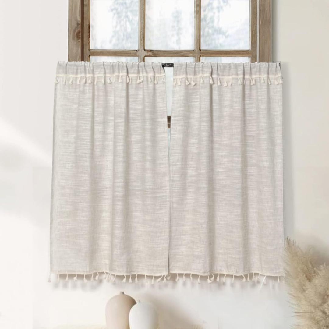 Boho Tassel Kitchen Curtains 36 Inch Length Modern Farmhouse Cotton Linen Short Cafe Curtains for Bathroom Small Window Country Rustic Tiers Bohemian Decor (26W x 36L, 2 Panels, Natural)
